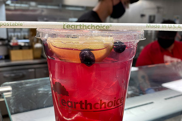 An Earthchoice compostable straw and recyclable cup.