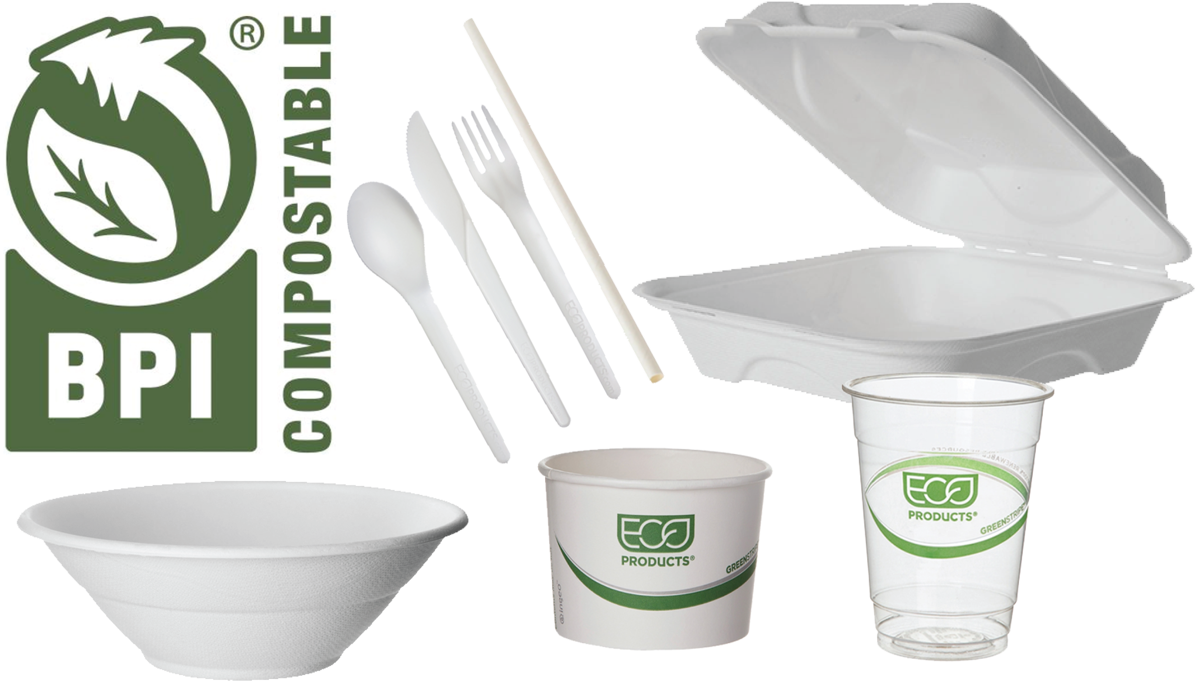 BPI compostable bowls, silverware, cups and food container.