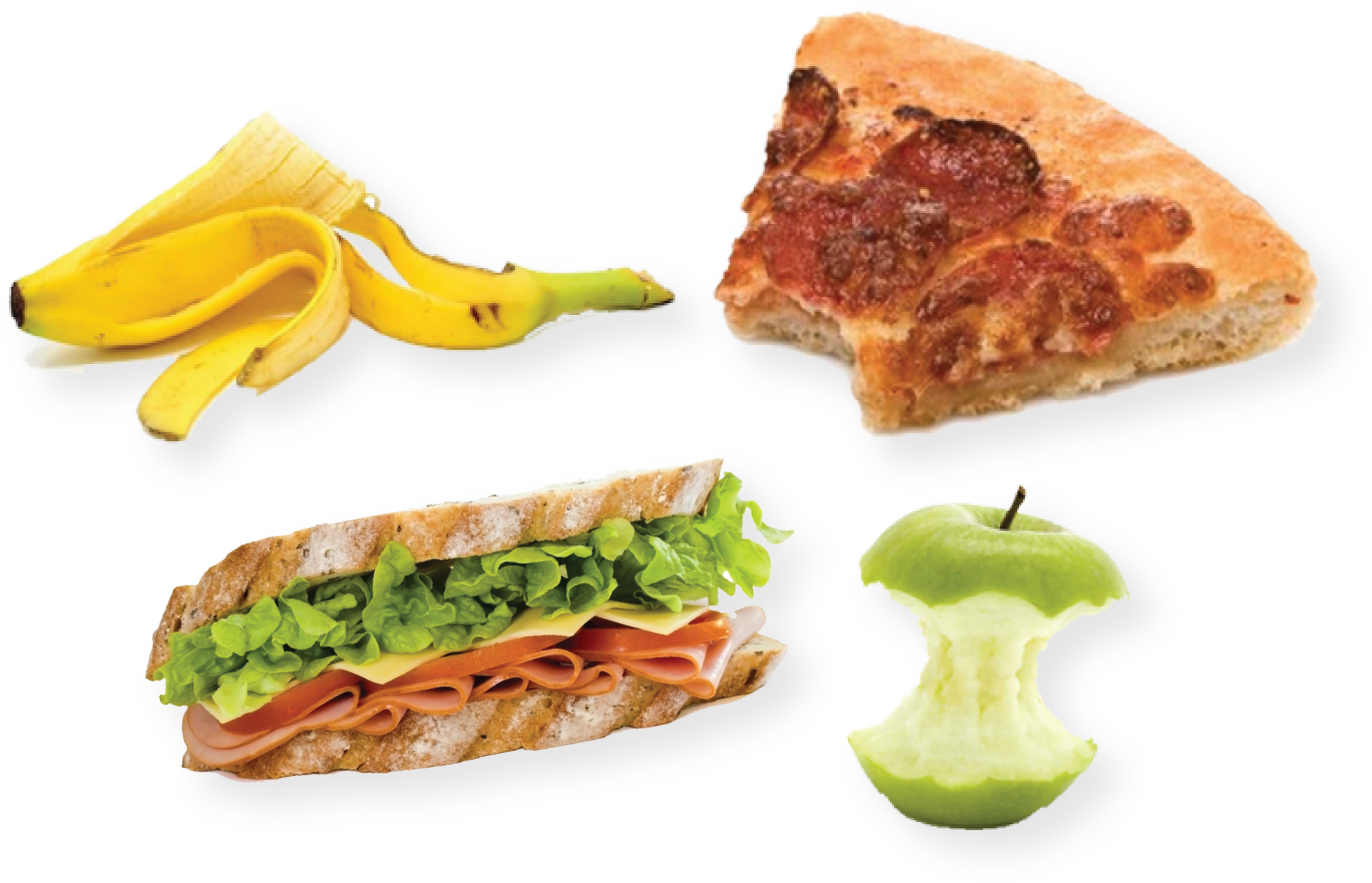 Banana peel, pizza slice, sub sandwich and an apple.