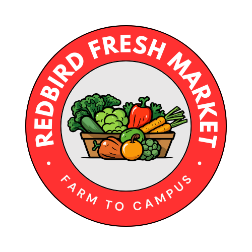 Redbird Fresh Market logo red circular seal around an illustration of vegetables in a basket  