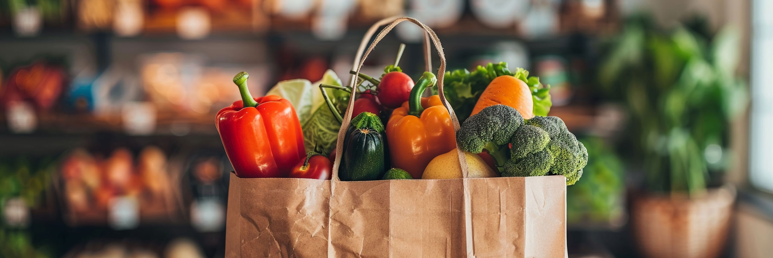 A paper grocery bag overflowing with a variety of fresh vegetables and fruits colorful produce.