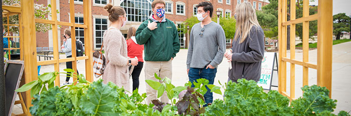 Students talking over an herb garden.